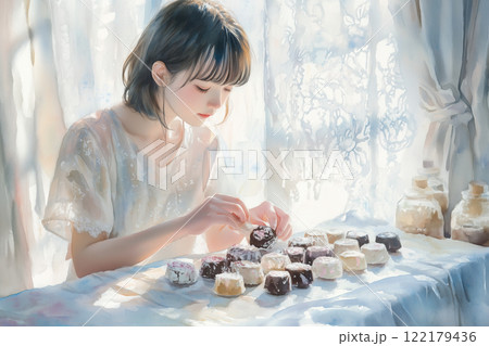 水彩画で描くバレンタインチョコ作り｜日本人女性と甘い恋のひとコマ 122179436