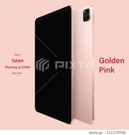 tablet pink color with black touch screen saver and backside view isolated on rose background. mockup of realistic and detailed device. vector 3d isometric illustration 122179586