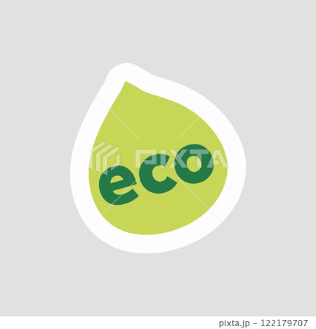 Eco friendly sticker in flat design. Ecological badge with green drop shape. Vector illustration isolated. 122179707