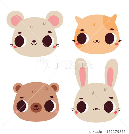 Cute animals faces. Cartoon kawaii mouse, cat, bear and rabbit Cute animals faces. Cartoon kawaii mouse, cat, bear and rabbit 122179853