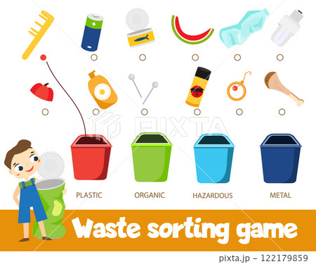 Garbage sorting educational children game. Match trash with bin Sorter activity for kids Garbage sorting educational children game. Match trash with bin Sorter activity for kids 122179859