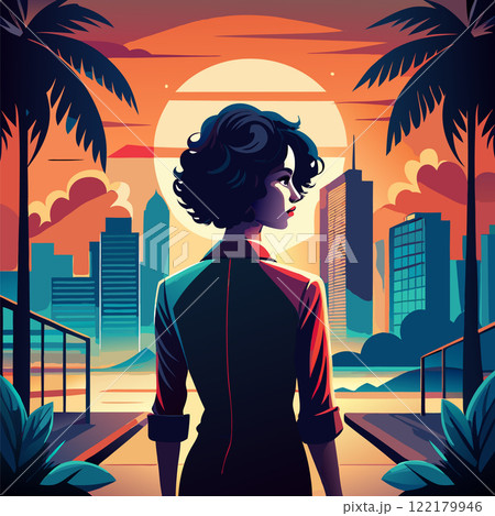 Stylish woman gazing at sunset skyline with tropical palm trees, vibrant illustration 122179946
