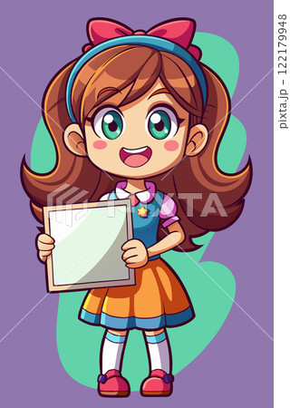 Cute little girl holding blank placard or poster. Board sign with empty space, template for banner 122179948