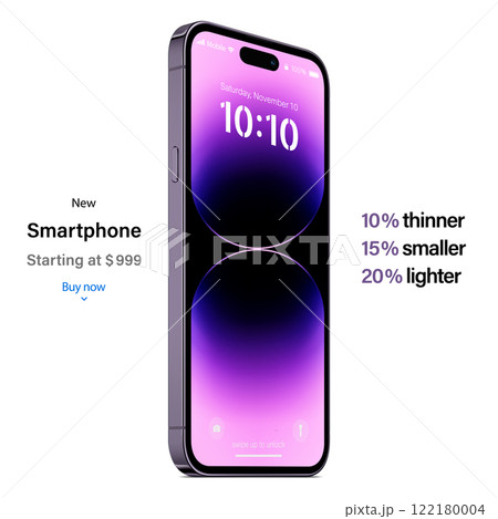 new frameless smartphone purple color with colorful screen saver isolated on white background. mockup of realistic and detailed mobile phone with shadow. vector 3d isometric illustration 122180004