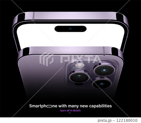 new frameless smartphone purple color with blank screen saver top view isolated on black background. mockup of realistic mobile phone with shadow. vector 3d isometric illustration 122180010
