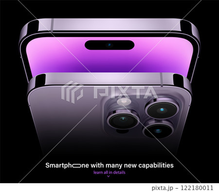 new frameless smartphone purple color with colored screen saver top view isolated on black background. mockup of realistic mobile phone with shadow. vector 3d isometric illustration new frameless smartphone purple color with colored screen saver top view isolated on black background. mockup of realistic mobile phone with shadow. vector 3d isometric illustration 122180011