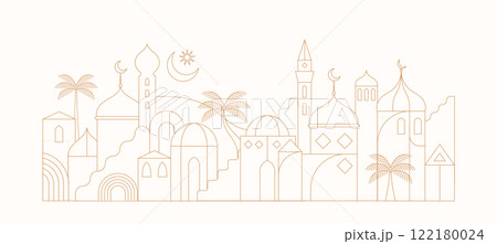 Ramadan Kareem background in line art style. Modern Islamic greeting card template and wallpaper 122180024