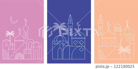 Ramadan Kareem backgrounds in line art style. Modern Islamic greeting card template and wallpaper 122180025