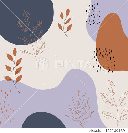 Vector illustration. A combination of figures in beige, blue and brown colors, with details of floral ornament in the form of leaves, which adds natural charm. Vector illustration. A combination of figures in beige, blue and brown colors, with details of floral ornament in the form of leaves, which adds natural charm. 122180189