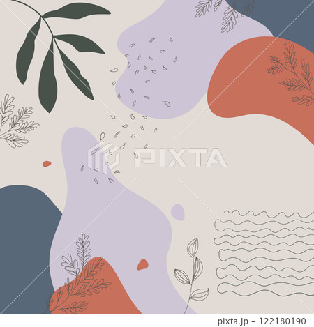 Vector illustration. Harmonious abstraction with curved shapes made in beige, pink and blue tones. In addition, there are elements of linear leaves, which adds naturalness. 122180190