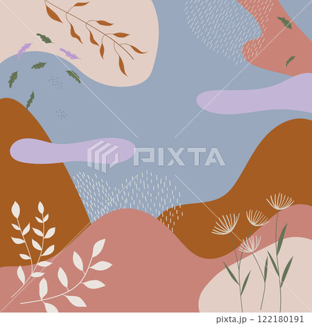 Vector illustration. An abstract landscape in warm tones with curved spots resembling a landscape. Leafy details add naturalness. 122180191