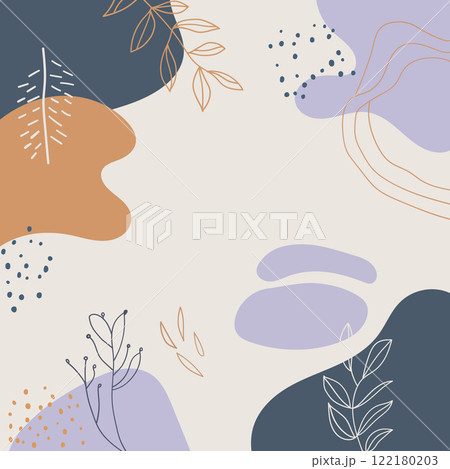 Vector illustration. Smooth abstract shapes with leaf textures and contour elements. Pastel colors such as blue, cream, orange. 122180203