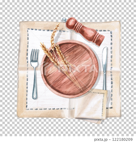 Serving set with wooden plate, spice mill and wheat ears. Isolated watercolor illustration for restaurant menu design, gastronomic magazines, posters, festival flyers. Serving set with wooden plate, spice mill and wheat ears. Isolated watercolor illustration for restaurant menu design, gastronomic magazines, posters, festival flyers. 122180209