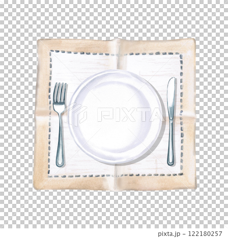 Serving set with napkin, plate and cutlery. Isolated watercolor illustration on breakfast theme for restaurant menu design, gastronomic magazines, posters, festival flyers. 122180257