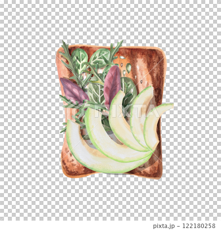 Toast with avocado slices and greens. Isolated watercolor illustration on breakfast theme for restaurant menu design, gastronomic magazines, posters, festival flyers. 122180258