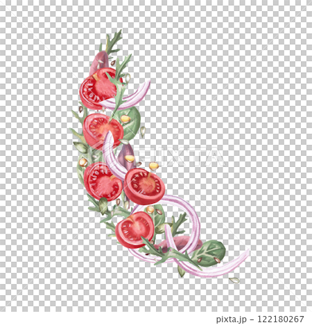 Composition with tomato slices, seeds and greenery. Isolated watercolor illustration on food theme for restaurant menu design, gastronomic magazines, posters, festival flyers. 122180267