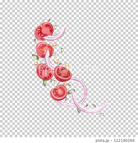 Composition with tomato slices, seeds, oil drops and red onion. Isolated watercolor illustration for restaurant menu design, gastronomic magazines, posters, festival flyers. 122180268