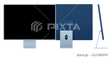 computer display blue color with black screen front, back and side view isolated on white background. realistic and detailed mockup of monitor for system unit. vector illustration 122180287
