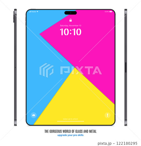 new frameless tablet grey color with colorful touch screen saver front and side view isolated on white background. mockup of realistic and detailed device with shadow. vector illustration new frameless tablet grey color with colorful touch screen saver front and side view isolated on white background. mockup of realistic and detailed device with shadow. vector illustration 122180295