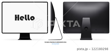 new computer monitor black color with blank screen front, back and side view isolated on white background. realistic and detailed mockup of display for system unit. vector illustration new computer monitor black color with blank screen front, back and side view isolated on white background. realistic and detailed mockup of display for system unit. vector illustration 122180298