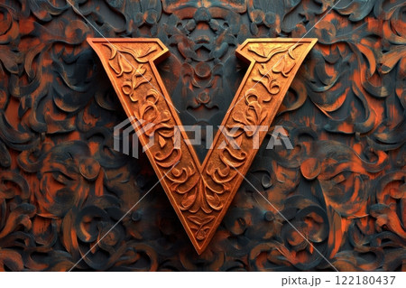 The letter V is carved into a wall with a gold leaf design 122180437