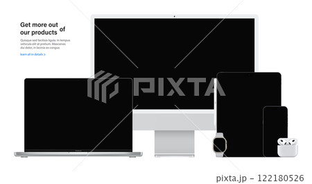 smartphone, tablet, laptop, computer, smartwatch, headphones and stylus with black screen isolated on white background. realistic and detailed gadgets and devices mockup. stock vector illustration smartphone, tablet, laptop, computer, smartwatch, headphones and stylus with black screen isolated on white background. realistic and detailed gadgets and devices mockup. stock vector illustration 122180526