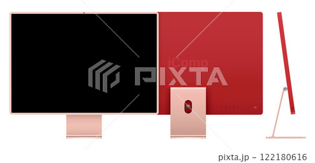 computer display pink color with black screen front, back and side view isolated on white background. realistic and detailed mockup of monitor for system unit. vector illustration 122180616