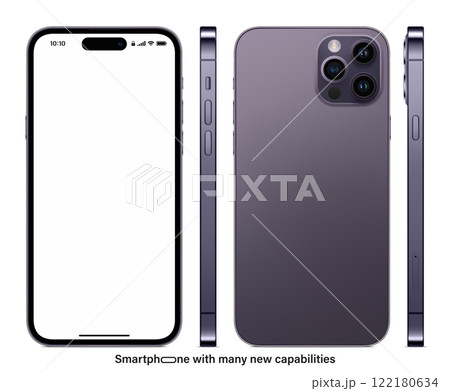 new frameless smartphone purple color with blank screen saver front, back and side view isolated on white background. mockup of realistic and detailed mobile phone. vector illustration 122180634