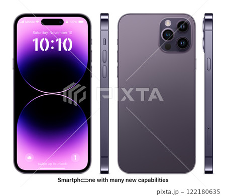 new frameless smartphone purple color with colored screen saver front, back and side view isolated on white background. mockup of realistic and detailed mobile phone. vector illustration 122180635