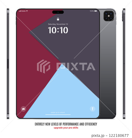 new frameless tablet grey color with colored touch screen saver front, back and side view isolated on white background. mockup of realistic and detailed device with shadow. vector illustration new frameless tablet grey color with colored touch screen saver front, back and side view isolated on white background. mockup of realistic and detailed device with shadow. vector illustration 122180677