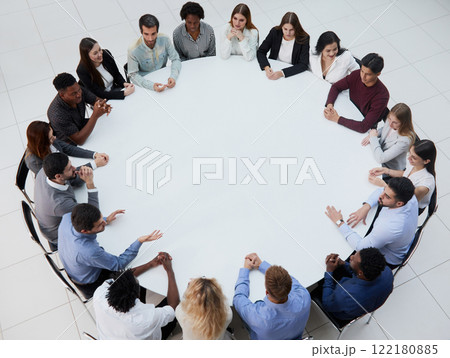 Meeting or conference, business meeting, discussion. View from above Meeting or conference, business meeting, discussion. View from above 122180885