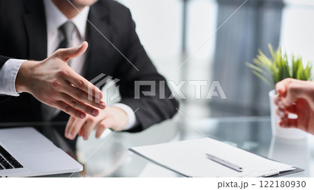 Welcome male on job in corporate department. 122180930