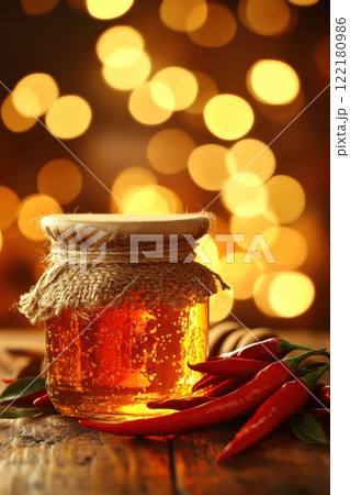 Rustic jar of golden honey with red chili peppers Rustic jar of golden honey with red chili peppers 122180986