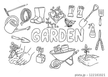 Line art outline illustration of gardening tools Line art outline illustration of gardening tools 122181021