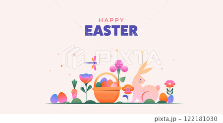 Happy Easter, Modern flat design with flowers, eggs and bunnies, pastel colors Happy Easter, Modern flat design with flowers, eggs and bunnies, pastel colors 122181030