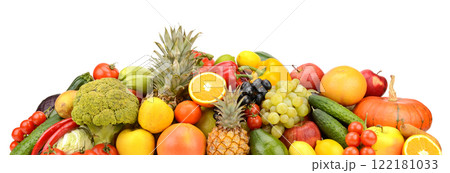 Collection of multicolored fresh fruits and vegetables isolated on white Collection of multicolored fresh fruits and vegetables isolated on white 122181033
