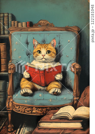 読書する猫 - アンティークな椅子で過ごす優雅なひととき 読書する猫 - アンティークな椅子で過ごす優雅なひととき 122181048