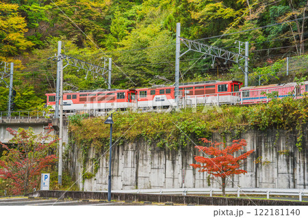秋の川根本町の長島ダム駅前を通り抜けるアプト式列車の風景(静岡県) 秋の川根本町の長島ダム駅前を通り抜けるアプト式列車の風景(静岡県) 122181140
