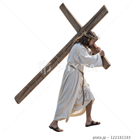 Jesus bears a wooden cross on his shoulders, symbolizing sacrifice 122181183