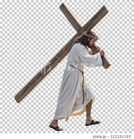 Jesus bears a wooden cross on his shoulders, symbolizing sacrifice 122181183