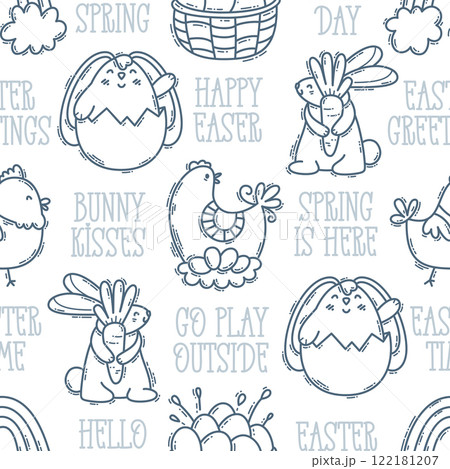 Easter hand drawn engraving doodle and lettering seamless pattern 122181207