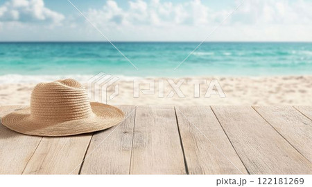 hat on wooden table at tropical beach 122181269