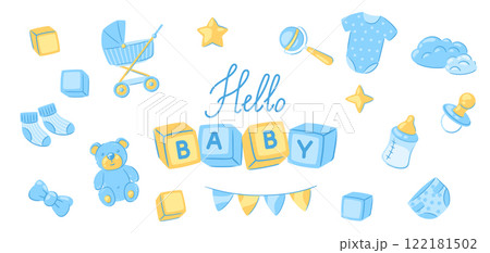 Baby shower greeting card. New born baby boy Happy Birthday. 122181502