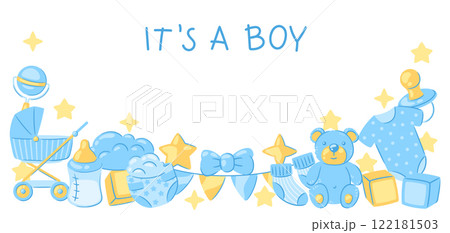 Baby shower greeting card. New born baby boy Happy Birthday. 122181503