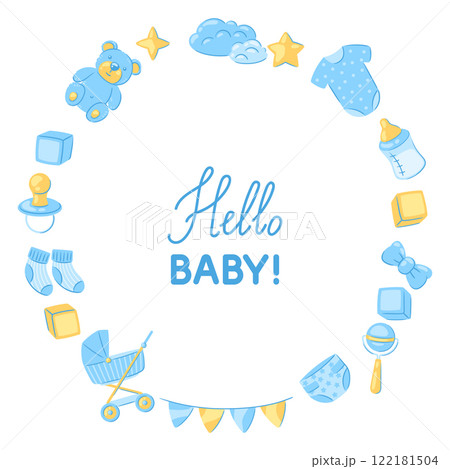Baby shower frame. New born baby boy Happy Birthday. 122181504