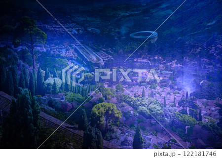 Panorama image composition showing the ancient city of Pergamon on the west coast of Asia Minor, by artist Yadegar Asisi in Berlin, Germany 122181746