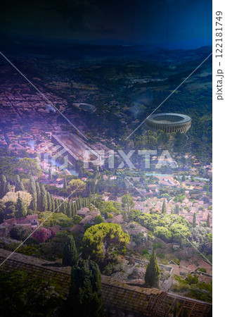 Panorama image composition showing the ancient city of Pergamon on the west coast of Asia Minor, by artist Yadegar Asisi in Berlin, Germany 122181749