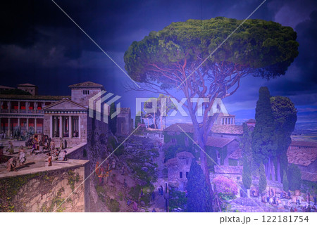 Panorama image composition showing the ancient city of Pergamon on the west coast of Asia Minor, by artist Yadegar Asisi in Berlin, Germany 122181754