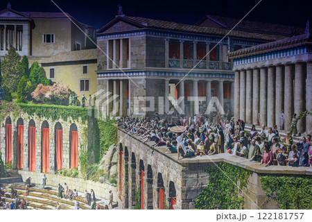 Panorama image composition showing the ancient city of Pergamon on the west coast of Asia Minor, by artist Yadegar Asisi in Berlin, Germany 122181757
