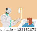 Medical robot treats a patient lying on a hospital bed. 122181873